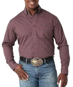 Wrangler Men's Burgundy Print Classic Button Down Shirt