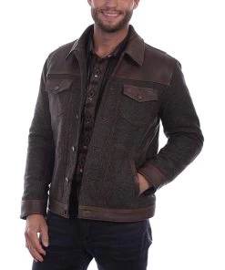 Scully Men's Vintage Brown Leather Tweed Jacket