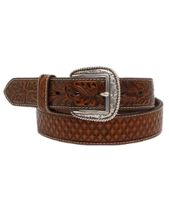 Ariat Men's Basketweave Floral Tabs Tan Belt