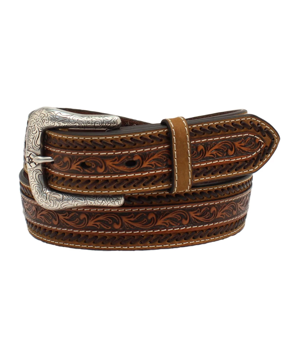 Ariat Men's Buck Stitching Floral Tooled Tan Belt