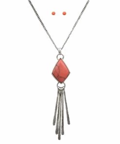Silver Strike Women's Antique Silver And Coral Stone Necklace Set