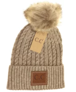 Ccbeanie Double Braided Knit Faux Fur Pom Beanie